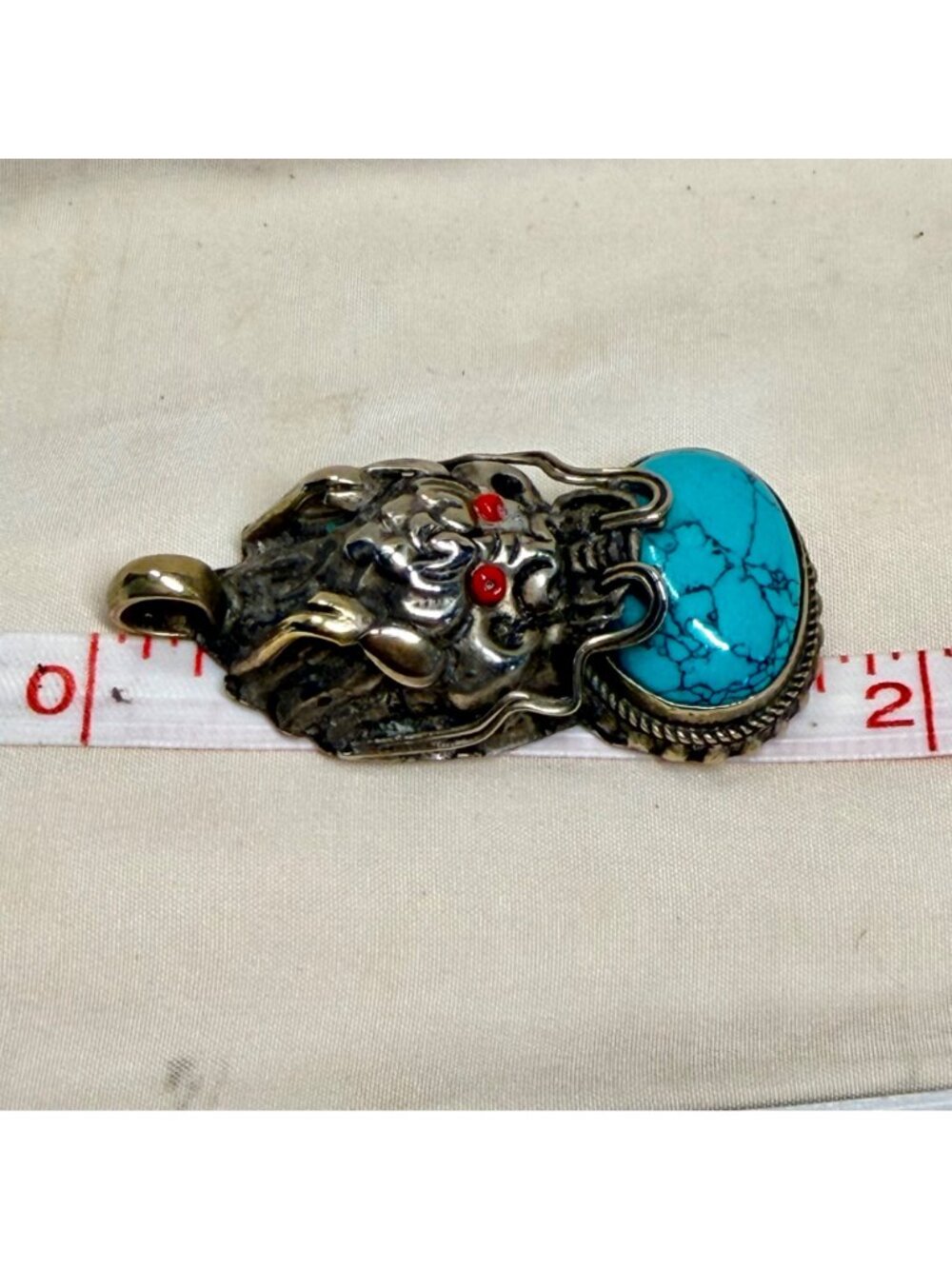 Dragon Pendant Silver Tone Blue Cabochon Red Eyes Gothic Fantasy 1.75" - Picture 4 of 11